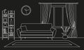 Living room interior outline sketch. Line style interior design with window and furniture: sofa, bookshelf, flowerpot, carpet. Royalty Free Stock Photo